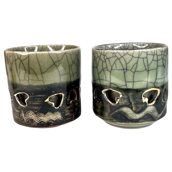 Otagiri Other - Otagiri Somayaki Soma Ware Double Wall Crackle Glaze Tea Sake Cup Set Of 2 Heart
